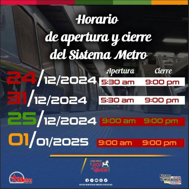 Este es el horario especial por fin de año en Caracas. Foto: Metro de Caracas/ Instagram