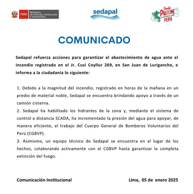 Comunicado Sedapal. Foto: Sedapal.   