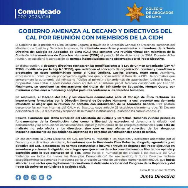  CAL denunció amenazas del gobierno de Boluarte tras reunión con la CIDH. | Foto: CAL.   