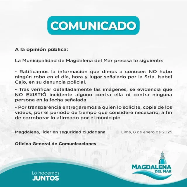  Comunicado de la municipalidad de Magdalena. 