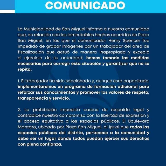  Municipalidad de San Miguel emitió un comunicado disculpándose por el incidente. Foto: Municipalidad de San Miguel.<br><br>    