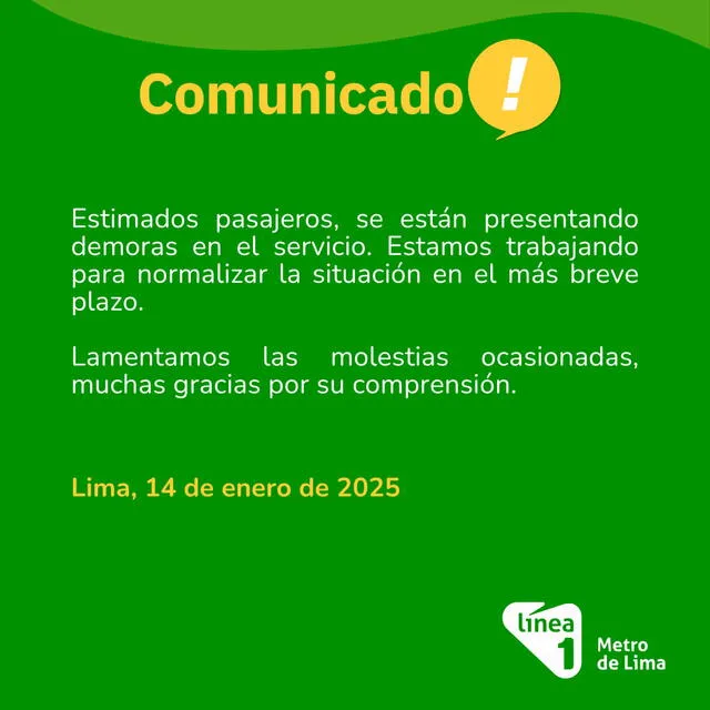 Comunicado de la Línea 1 del Metro de Lima. Foto: difusión   