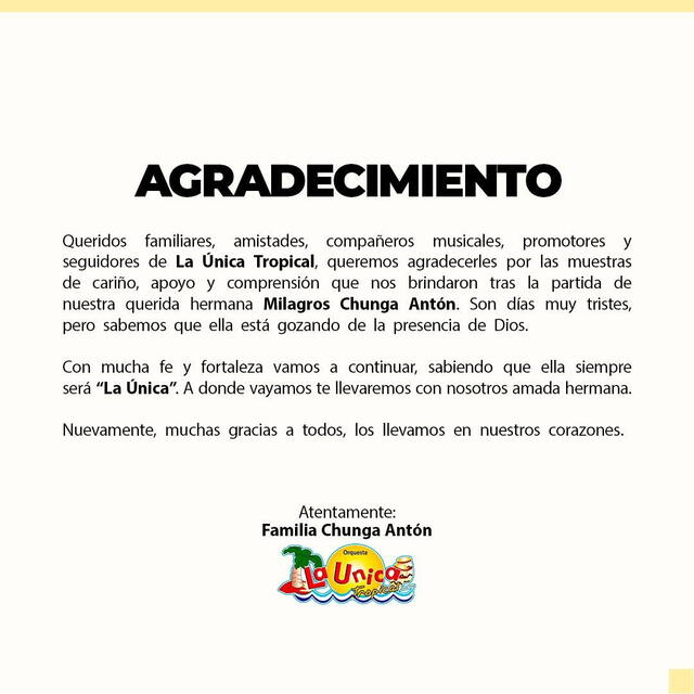  Comunicado de La Única Tropical sobre su retorno a los escenarios. Foto: Instagram   