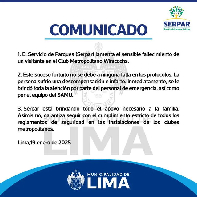 Comunicado de Serpar tras el incidente. Foto: Municipalidad de Lima.   