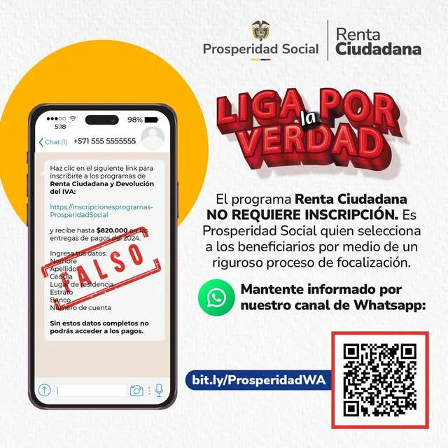 Prosperidad Social advirtió sobre mensajes falsos de inscripción a la Renta Ciudadana. Foto: DPS   