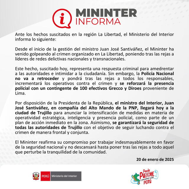 Comunicado del Mininter. Foto: Mininter/X   