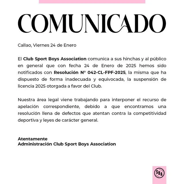 Comunicado de Sport Boys. Foto: X/Sport Boys.   