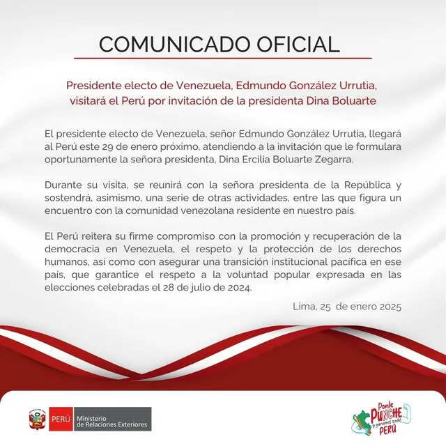 Comunicado oficial que confirma la visita de Edmundo González al Perú. Foto: Cancillería del Perú.   