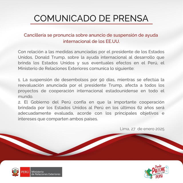  Perú confía en la pronta reactivación de la ayuda financiera de Estados Unidos. Foto: RREE   