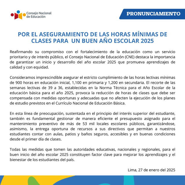 Piden que las autoridades garanticen que escolares alcancen horas mínimas de clases. Foto: Consejo Nacional de Educación/X   