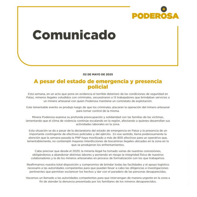  Comunicado mina La Poderosa<br>    