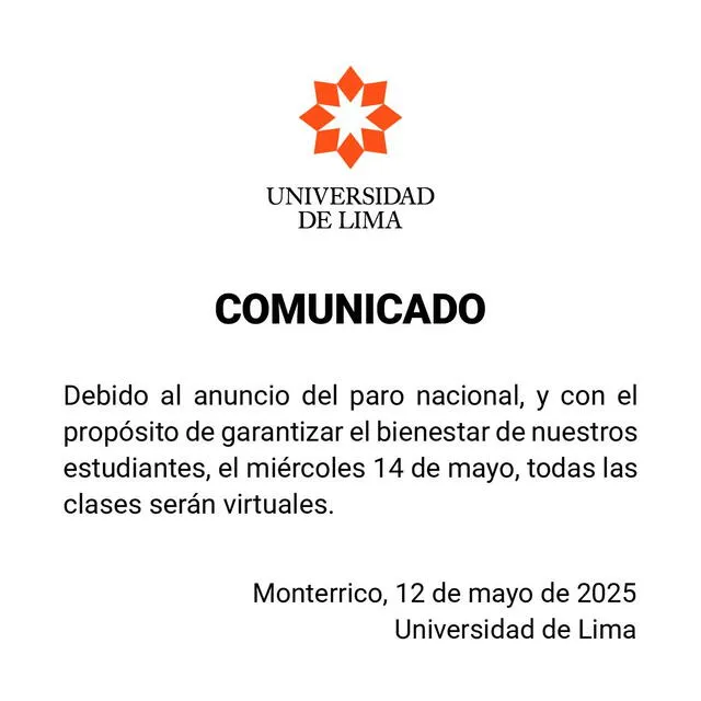 U. de Lima optará por clases virtuales durante el paro. Foto: FB U. de Lima optará por clases virtuales durante el paro. Foto: FB