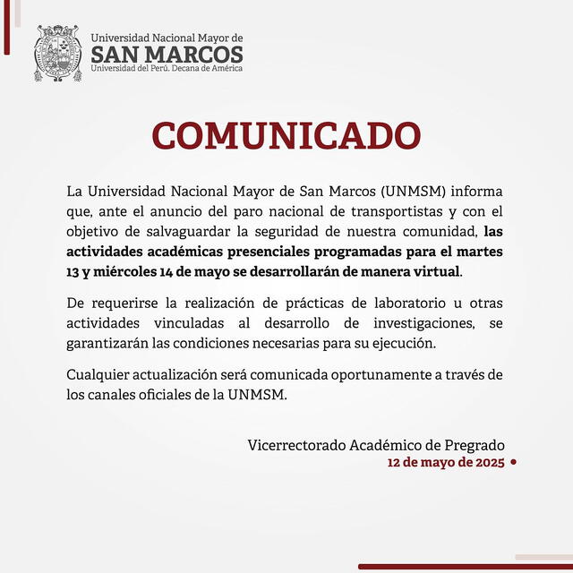 Comunicado UNMSM. Comunicado UNMSM.