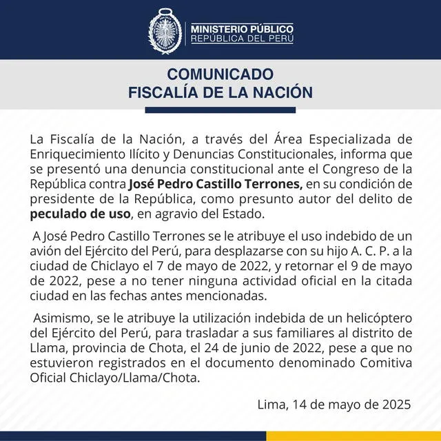 Pedro Castillo es investigado por peculado. Comunicado de la Fiscalía. Pedro Castillo es investigado por peculado. Comunicado de la Fiscalía.