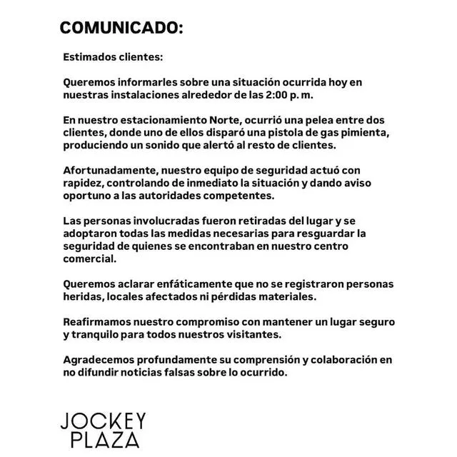 Comunicado del Jockey Plaza. Foto: Jockey Plaza Comunicado del Jockey Plaza. Foto: Jockey Plaza