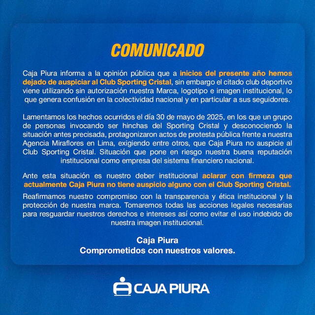 Comunicado de Caja Piura. Foto: Facebook.   