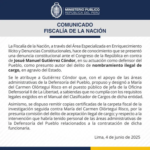  Comunicado de la Fiscalía de la Nación   