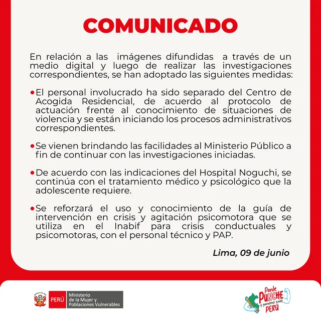 Comunicado del Ministerio de la Mujer. Foto: X Comunicado del Ministerio de la Mujer. Foto: X