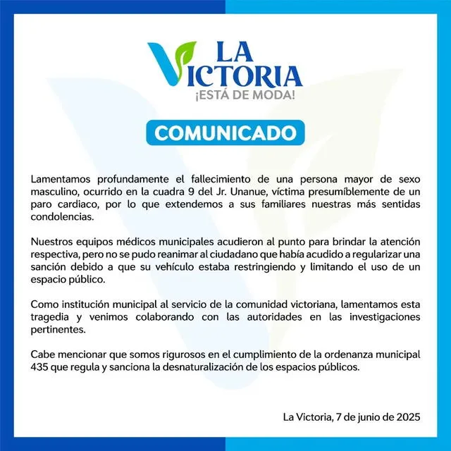 Comunicado de la Municipalidad de La Victoria. Foto: La Victoria. Comunicado de la Municipalidad de La Victoria. Foto: La Victoria.