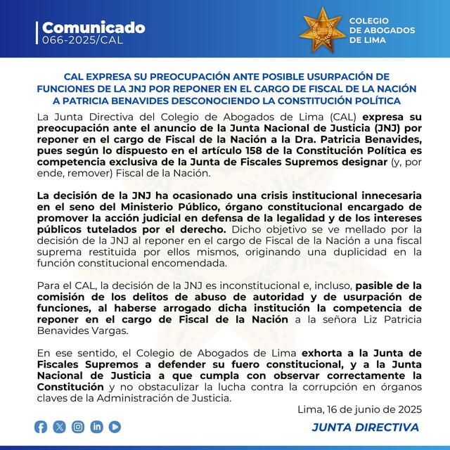 Comunicado del Colegio de Abogados de Lima. Comunicado del Colegio de Abogados de Lima.