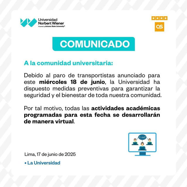  Comunicado de Universidad Norbert Wiener. Foto: FB   