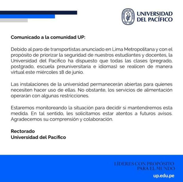 Comunicado de Universidad del Pacífico. Foto: Correo institucional   