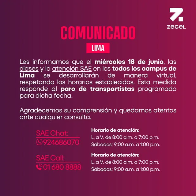  Comunicado de Zegel. Foto: difusión   