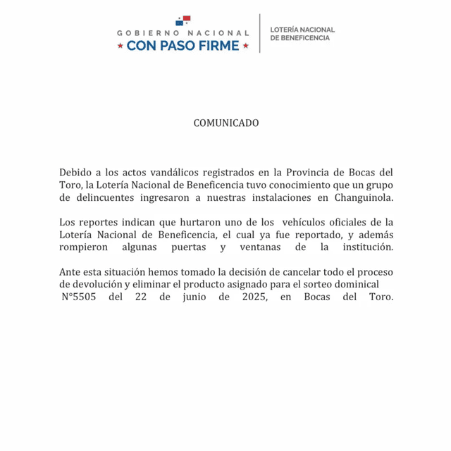 Comunicado de la Lotería Nacional de Panamá en el que se denunció el robo. Foto: LNB Comunicado de la Lotería Nacional de Panamá en el que se denunció el robo. Foto: LNB
