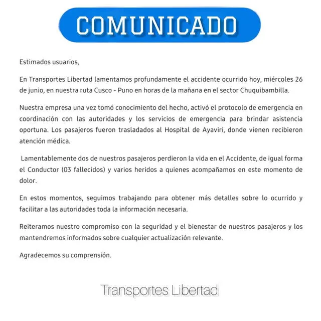 Comunicado de Transportes Libertad. Foto: Transportes Libertad Comunicado de Transportes Libertad. Foto: Transportes Libertad