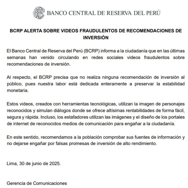 BCRP alerta sobre videos fraudulentos en redes sociales que usan logos de la entidad. Foto: BCRP BCRP alerta sobre videos fraudulentos en redes sociales que usan logos de la entidad. Foto: BCRP