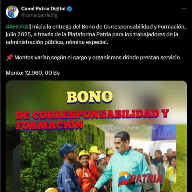 Anuncio del Bono Corresponsabilidad y Formación de julio 2025. Foto: Canal Patria Digital   