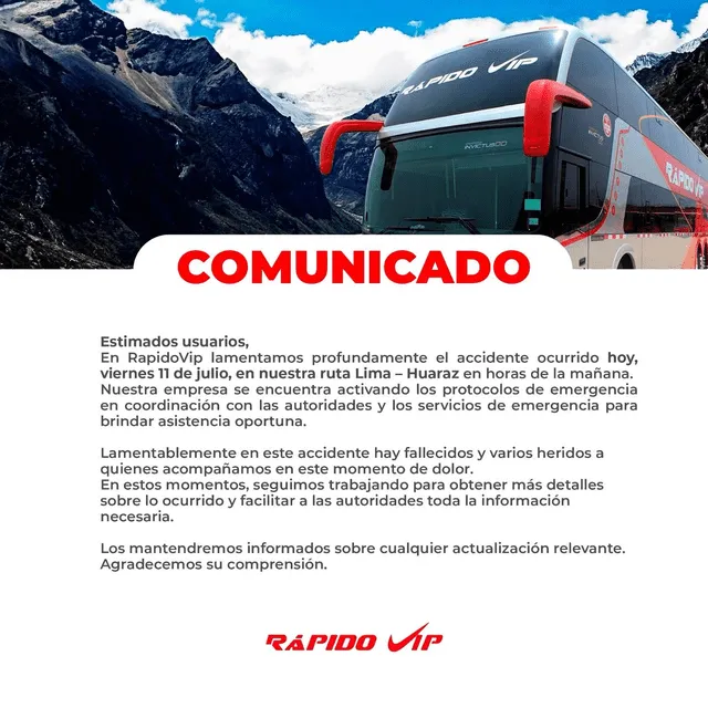  Comunicado de la empresa de bus volcado. Foto: Rápido VIP   