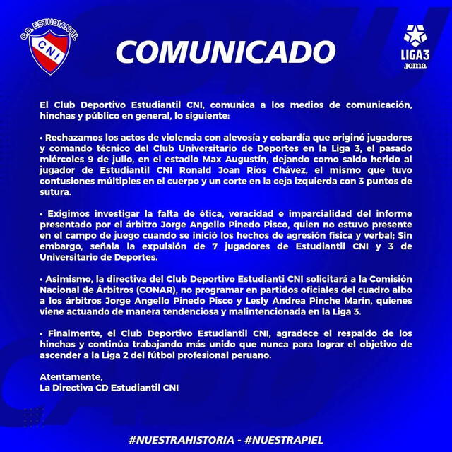 Comunicado de CNI tras pelea campal en la Liga 3. Foto: Estudiantil CNI Comunicado de CNI tras pelea campal en la Liga 3. Foto: Estudiantil CNI