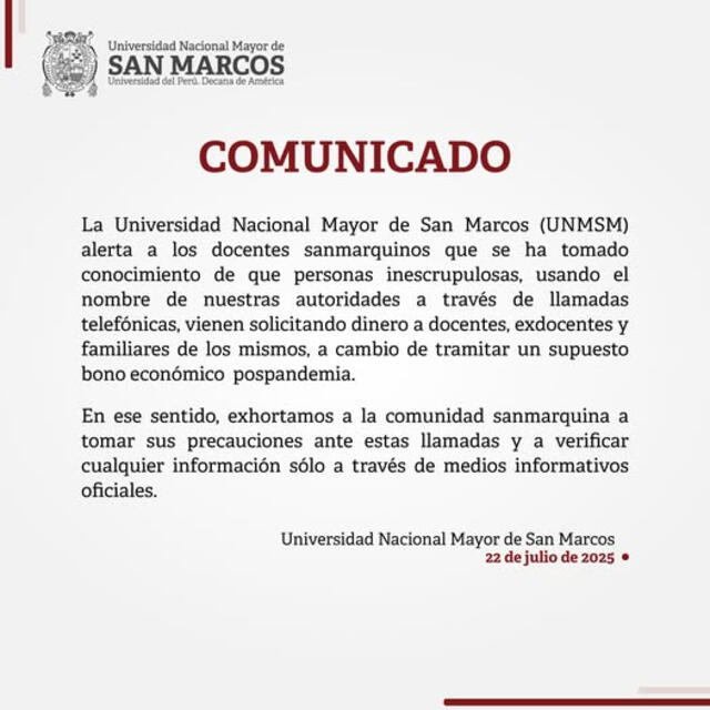 Comunicado de la UNMSM. Foto: Facebook   