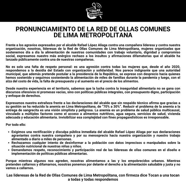  Comunicado oficial de la organización. Foto: Red de Ollas Comunes de Lima Metropolitana   