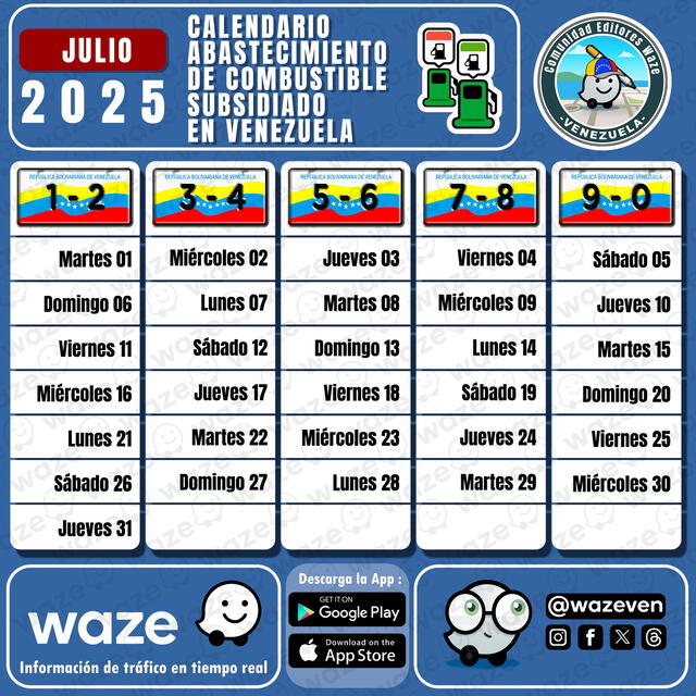 El cronograma para surtir gasolina subsidiada se renueva cada mes. Foto: Waze Venezuela/X El cronograma para surtir gasolina subsidiada se renueva cada mes. Foto: Waze Venezuela/X
