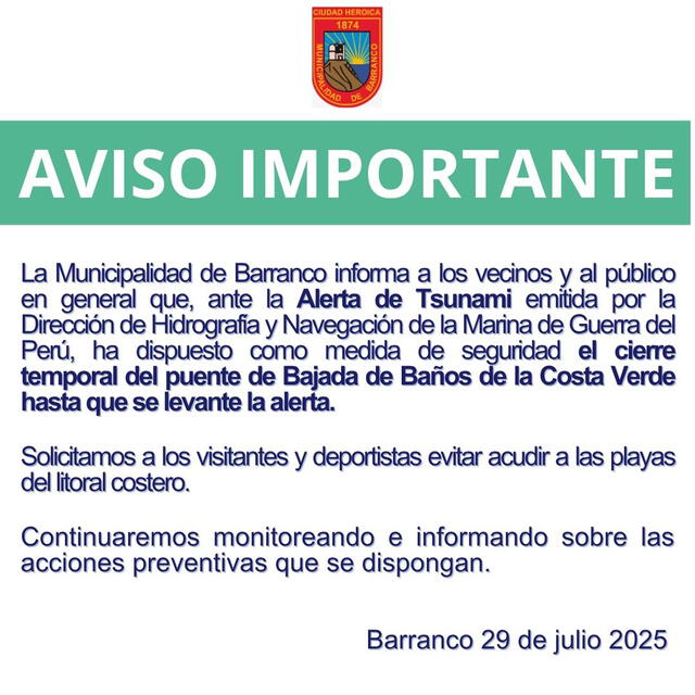 Comunicado tras alerta de tsunami en Perú. Foto: Municipalidad de Barranco Comunicado tras alerta de tsunami en Perú. Foto: Municipalidad de Barranco