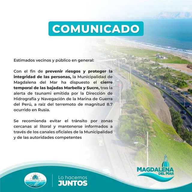 Comunicado tras alerta de tsunami en Perú. Foto: Municipalidad de Magdalena Comunicado tras alerta de tsunami en Perú. Foto: Municipalidad de Magdalena