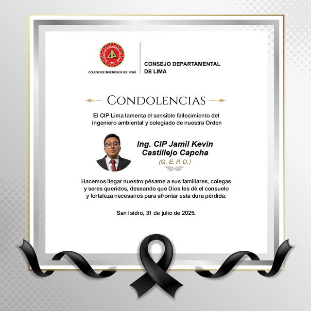Colegio de Ingenieros del Perú lamenta la repentina partida de prometedor profesional. Foto: Colegio de Ingenieros. Colegio de Ingenieros del Perú lamenta la repentina partida de prometedor profesional. Foto: Colegio de Ingenieros.