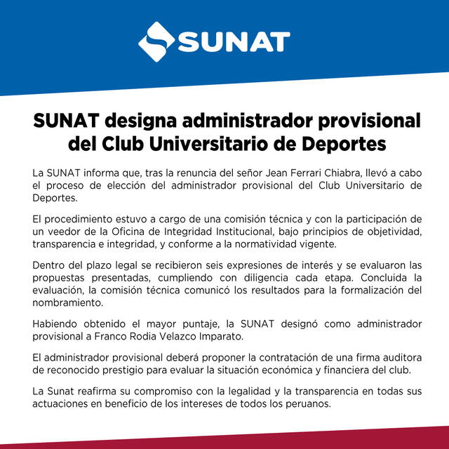 Comunicado de la Sunat sobre la designación de Franco Velazco. Foto: SUNAT Comunicado de la Sunat sobre la designación de Franco Velazco. Foto: SUNAT