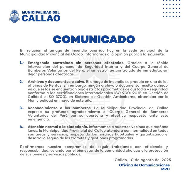  Comunicado tras siniestro. Foto: Municipalidad del Callao   