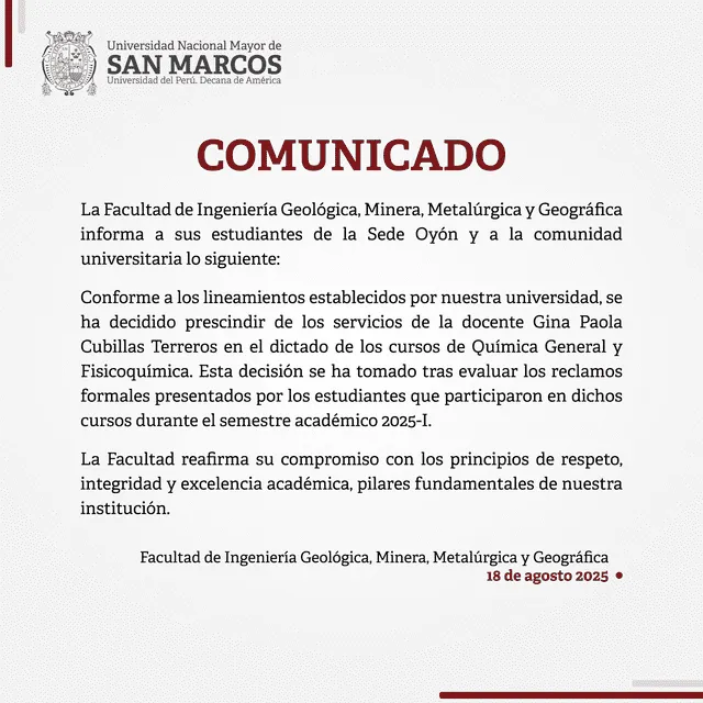 Comunicado de la San Marcos sobre docente de la Facultad de Ingeniería Geológica, Minera, Metalúrgica y Geográfica. Foto: UNMSM   