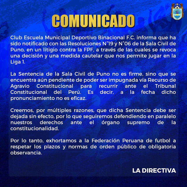 Comunicado de Binacional   