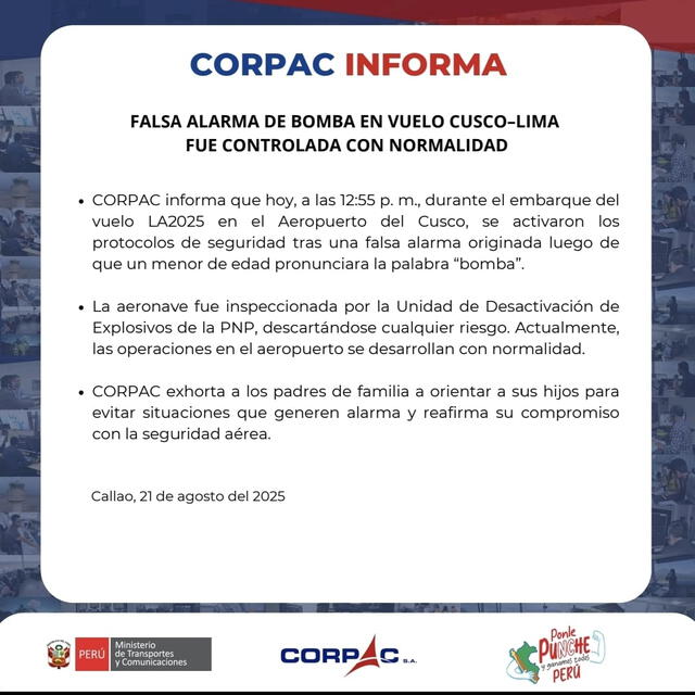 Comunicado de Corpac tras lo sucedido. Foto: Corpac Comunicado de Corpac tras lo sucedido. Foto: Corpac