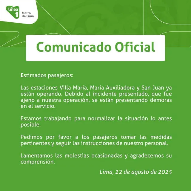 Servicio de la Línea 1 presenta demoras tras el incidente. Foto: Facebook   