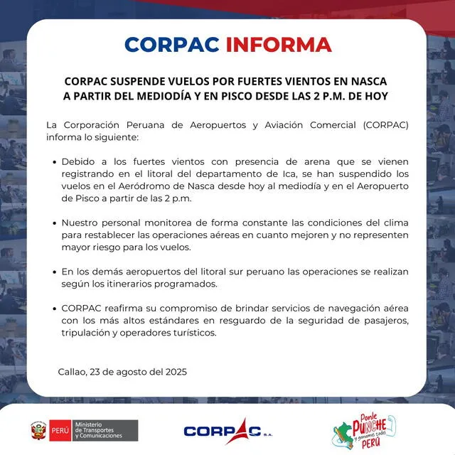 Comunicado de Córpac tras fuertes vientos en Ica.   
