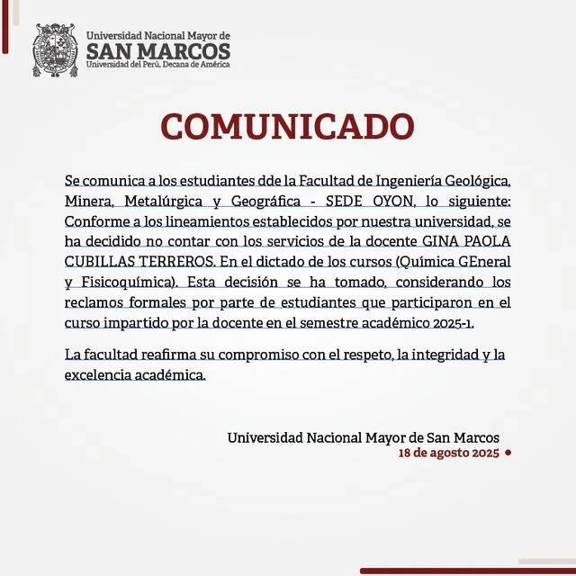 San Marcos anunció el retiro de la docente, pero alumnos indicaron que fue recotratada dias después. Foto: difusión   