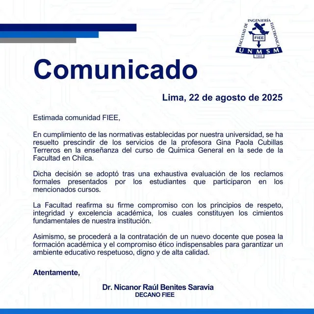 Comunicado de la FIEE ante protestas de estudiantes por recontratación de docente. Foto: difusión   