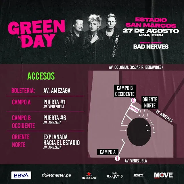  Green Day en Perú 2025: accesos al Estadio San Marcos. Foto: Move Concerts   