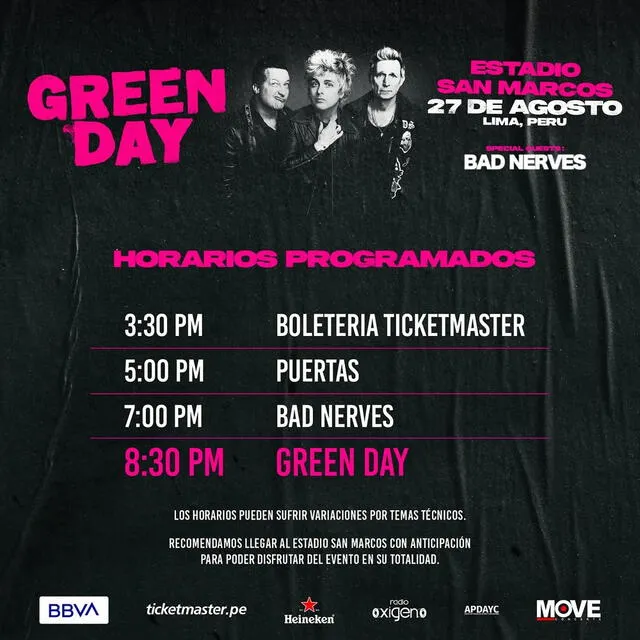  Green Day en Perú 2025: horario de apertura de puertas. Foto: Move Concerts   